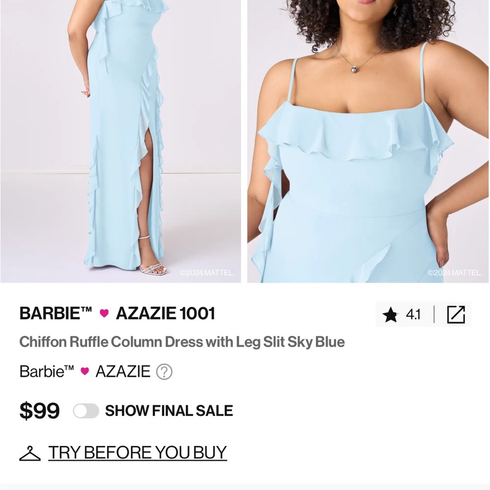 Azazie, Barbie Sky Blue chiffon Maxi Dress with Slit and Straps (Bridesmaid)
